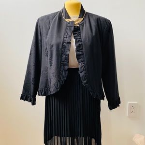 Black Silk open blazer jacket with ruffle border